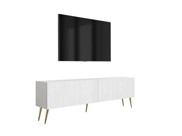 Szafka RTV: f. ryflowany, Biały Mat, nogi pochyłe złote, 170 × 32 × 52 cm Obniżka ceny
